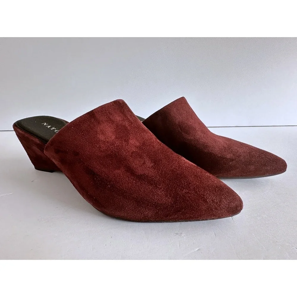 Natori Burgundy Academia Minimalist Suede Pointed Toe Wedge Mules Womens US 5